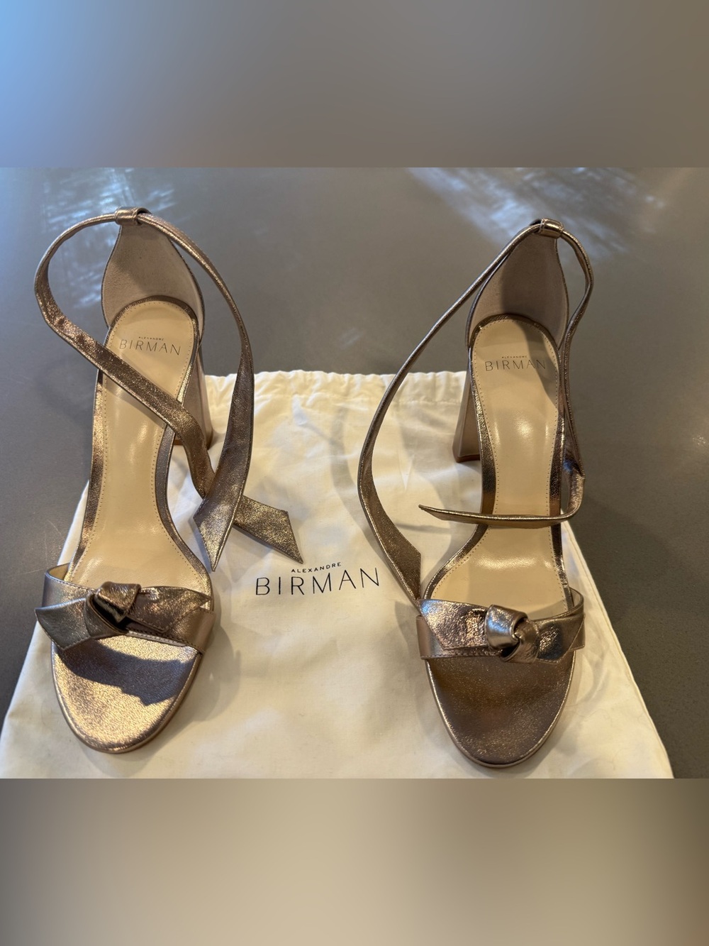 Alexandre Birman Metallic Pewter Block Heel Sandals 37.5 Never Worn Dust Bag